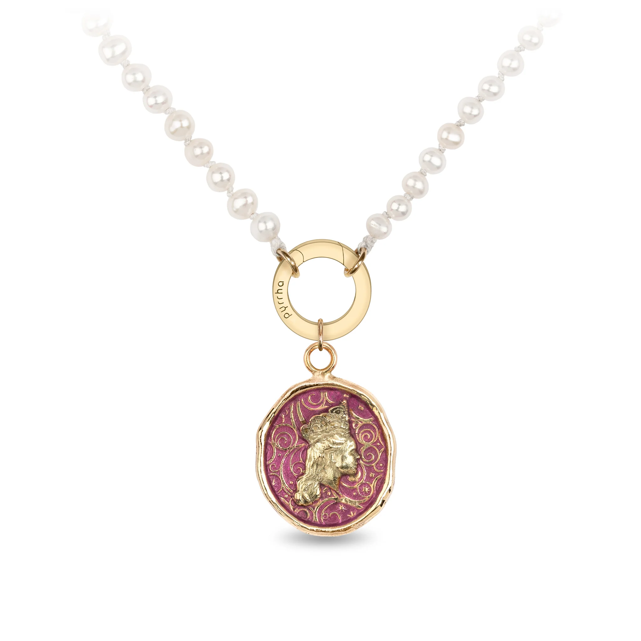 Glinda 14K Gold Talisman on Knotted Freshwater Pearl Necklace - Wicked Pink