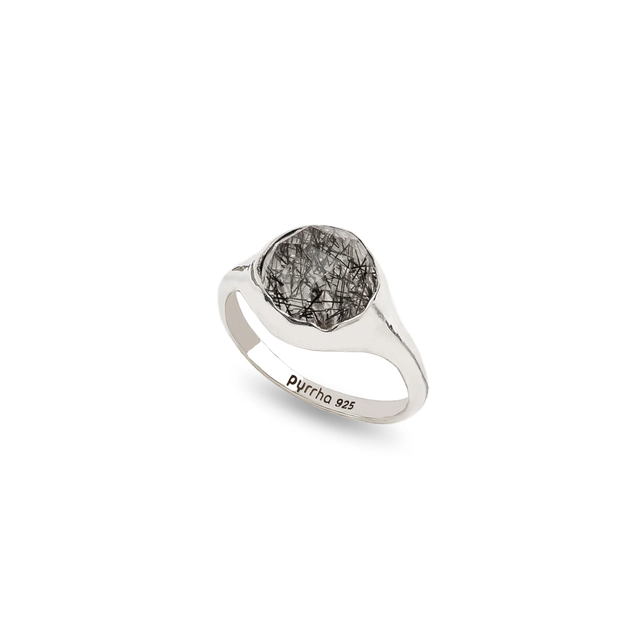 Tourmalated Quartz Large Faceted Stone Set Signet Ring